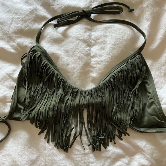 L*Space Audrey Fringe Halter Bikini Top in Fern Green - Large - Picture 3 of 4